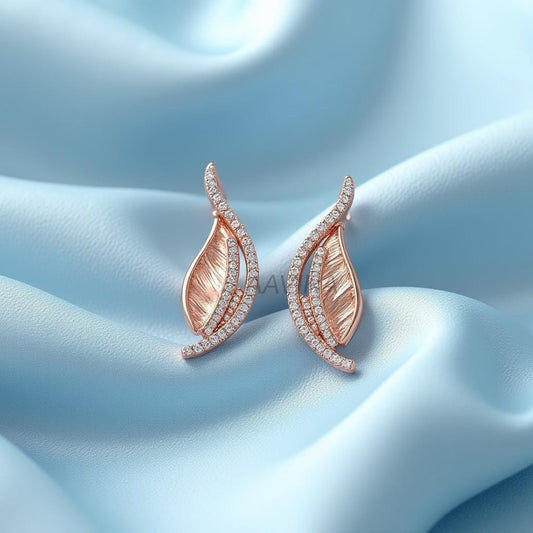 Beautiful Curved Leaf Design Ring, Modern Earrings, 14k Rose Gold Leaf Earrings, Nature Inspired Jewelry, Leaf Studs Gift for Girlfriend