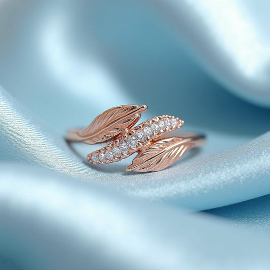 Round Diamond Everyday Ring, Leaf Diamond Ring, Handmade Jewelry, Special Occasion Minimalist Bridal Jewelry, 14K Rose Gold Elegant Gift