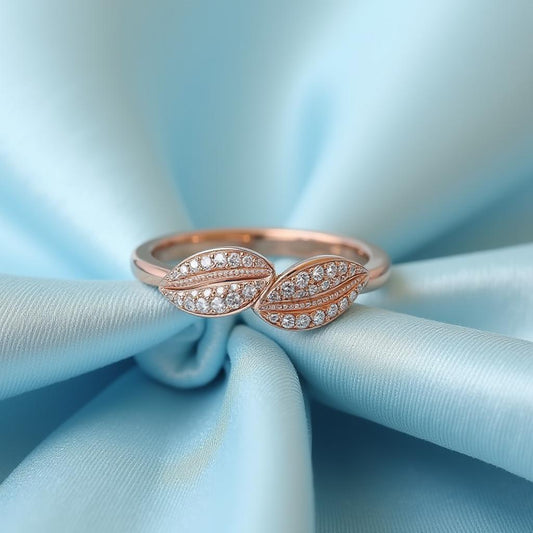 Sparkling Side-by-Side Leaves Ring, Two Leaves Rose Gold Diamond Ring, Unique Nature Inspired Jewelry, Minimalist Jewelry, Anniversary Gift