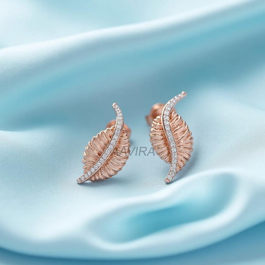 Elegant Curved Leaf Diamond Earring, Leaf Moissanite Earrings for Mom, Push Back, 14k Rose Gold Stud Earrings, Dainty Earrings for Her