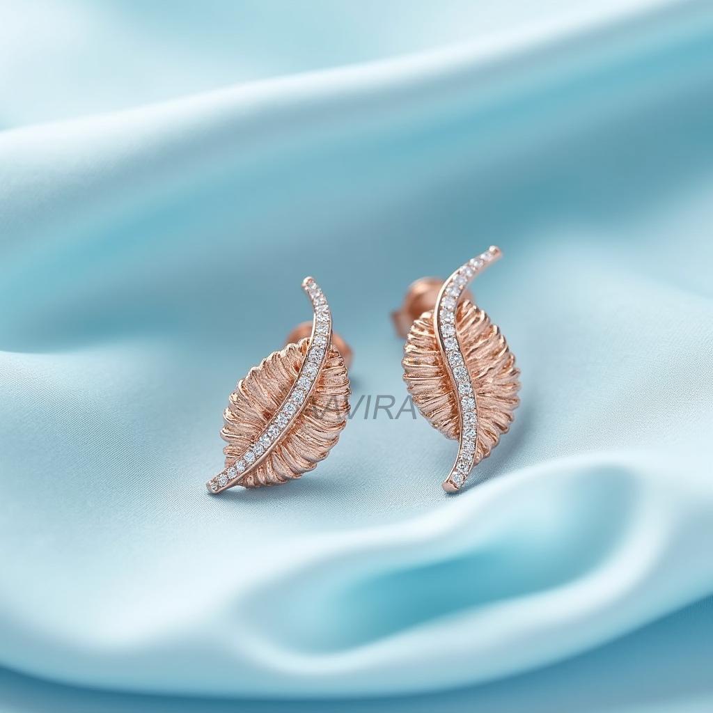 Elegant Curved Leaf Diamond Earring, Leaf Moissanite Earrings for Mom, Push Back, 14k Rose Gold Stud Earrings, Dainty Earrings for Her