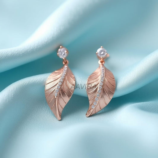 Leaf Diamond Dangle Earrings, 14K Rose Gold Leaf Earrings, Nature Charm, Unique & Delicate Jewelry, Nature Lover Gift, Everyday Elegant