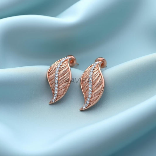 14K Rose Gold Leaf Dangle Earrings with CZ Accents | Elegant Nature-Inspired Jewelry | Gift for Her | Delicate Leaf Drop Earrings