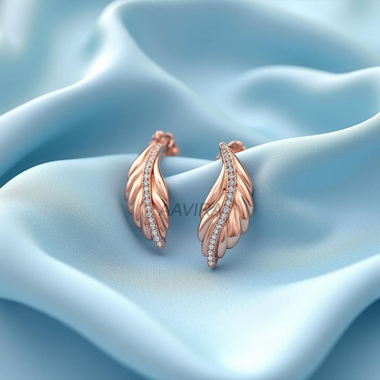 Leaf Dangle Earrings In 14K Rose Gold, Feather Earrings, Dainty Diamond Drop Dangle Earrings, Handmade Jewelry, Birthday Gift