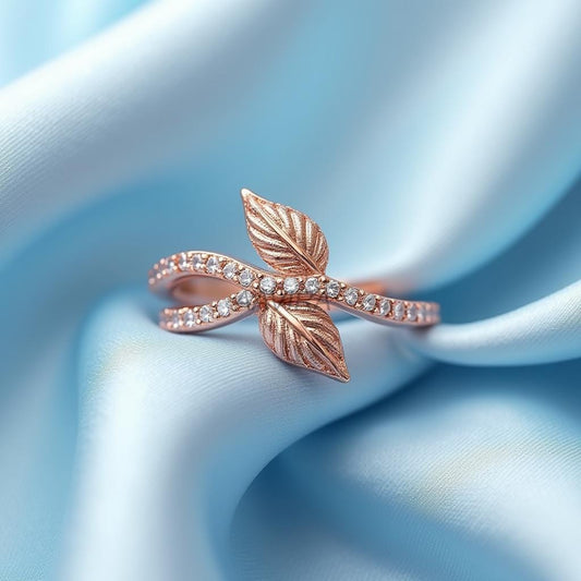 14k Rose Gold Two Leaf Ring, Nature Inspired Stacking Ring, Dainty CZ Intertwined Ring, Delicate Botanical Jewelry, Minimalist Leaf Ring